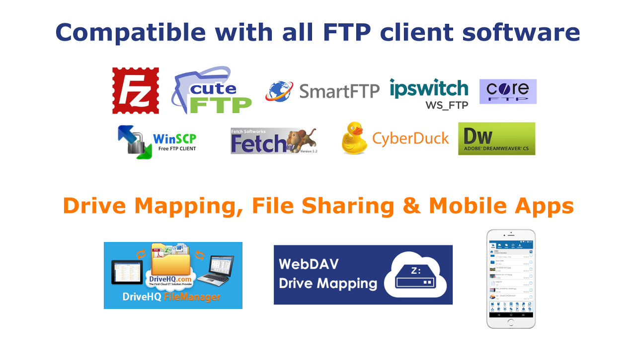 DriveHQ Cloud FTP / SFTP Server is compatible with all FTP Client software