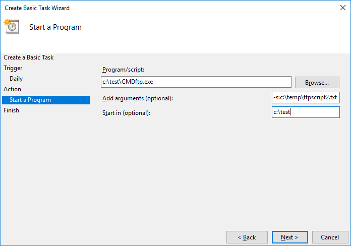 Scheduled Task - Action - Select DriveHQ Command FTP