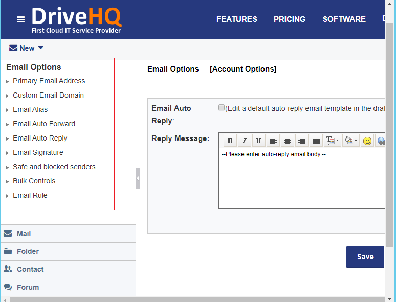 DriveHQ email hosting service - Email Options