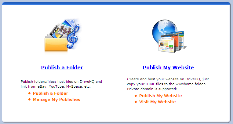 DriveHQ publish main page: Publish folder, file and website