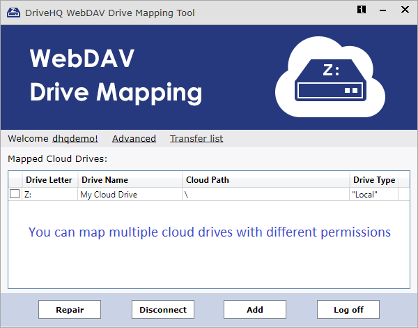 DriveHQ Cloud Drive Mapping Tool Screenshots - WebDAV Drive, Cloud File Server