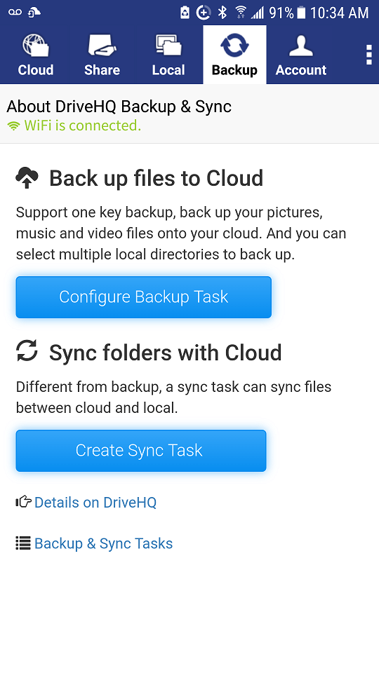 DriveHQ FileManager for Android screenshots - Backup and folder synchronization