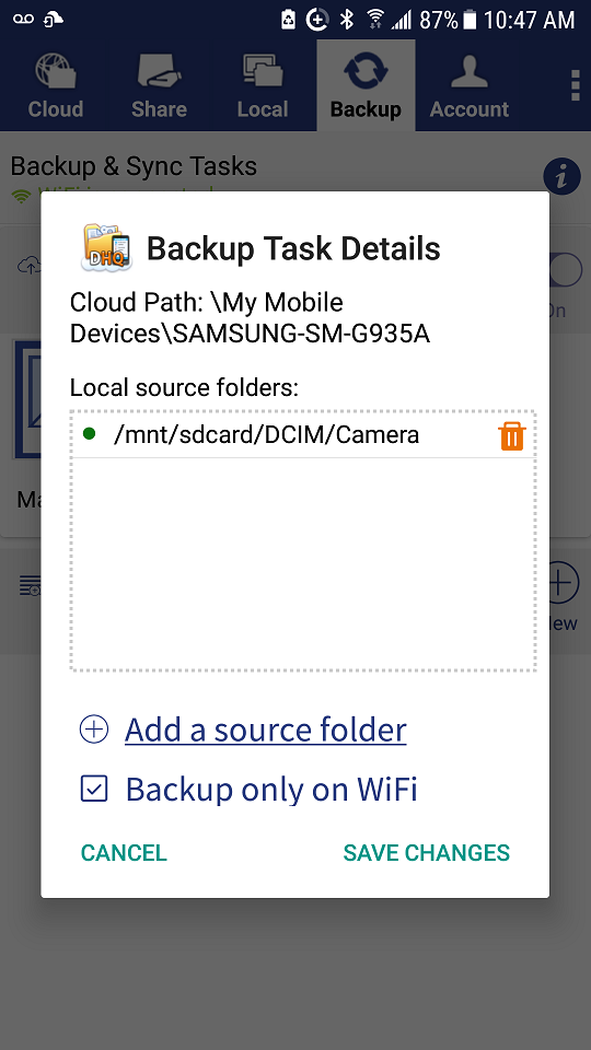 DriveHQ FileManager for Android screenshot - Configure backup task