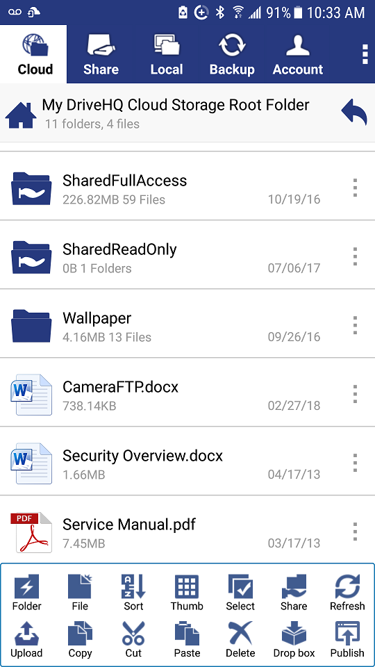 FileManager for Android screenshots: main screen displaying cloud storage