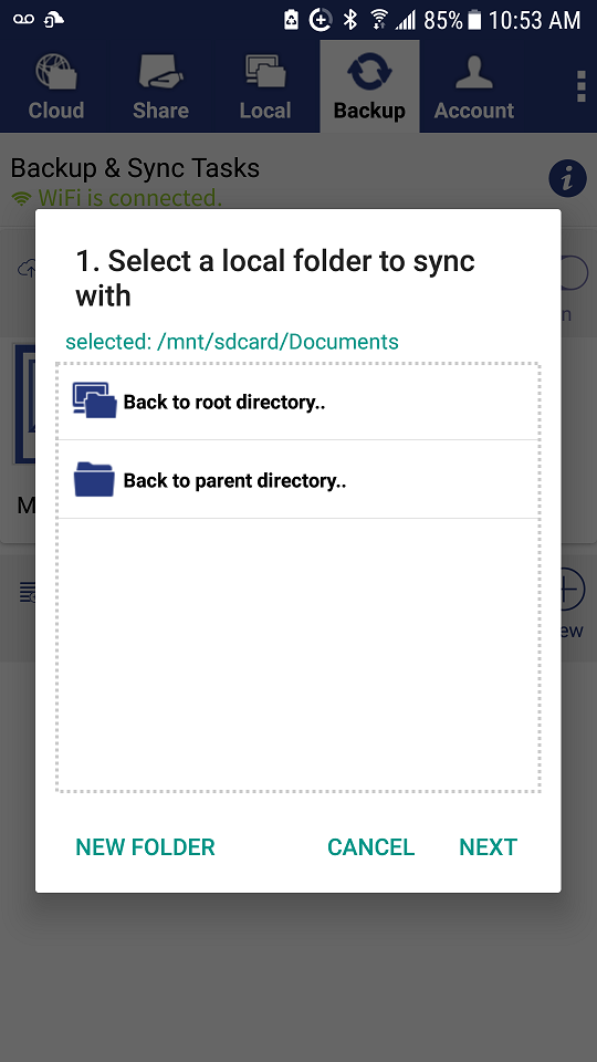 DriveHQ FileManager for Android screenshot - select a local folder to sync