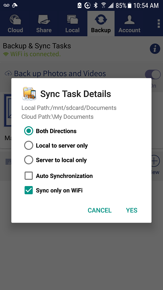 DriveHQ FileManager for Android - set sync task details