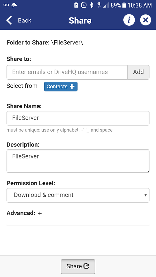 DriveHQ FileManager for Android - share a folder with access control