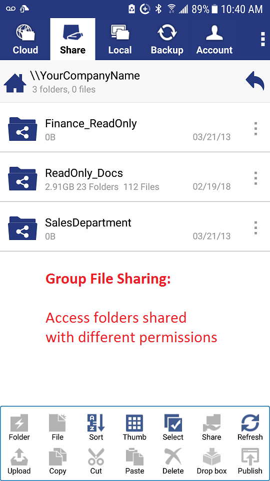 DriveHQ FileManager for Android - folders shared to me with access control