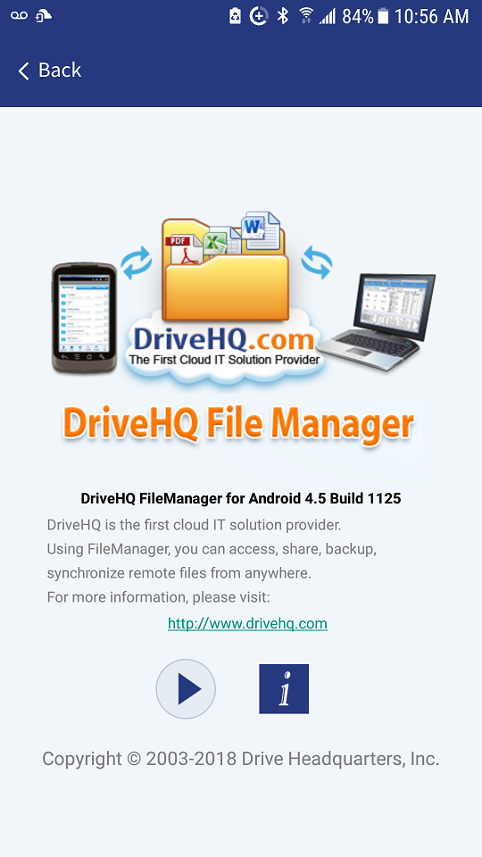 DriveHQ FileManager for Android - App version, build number and service introduction