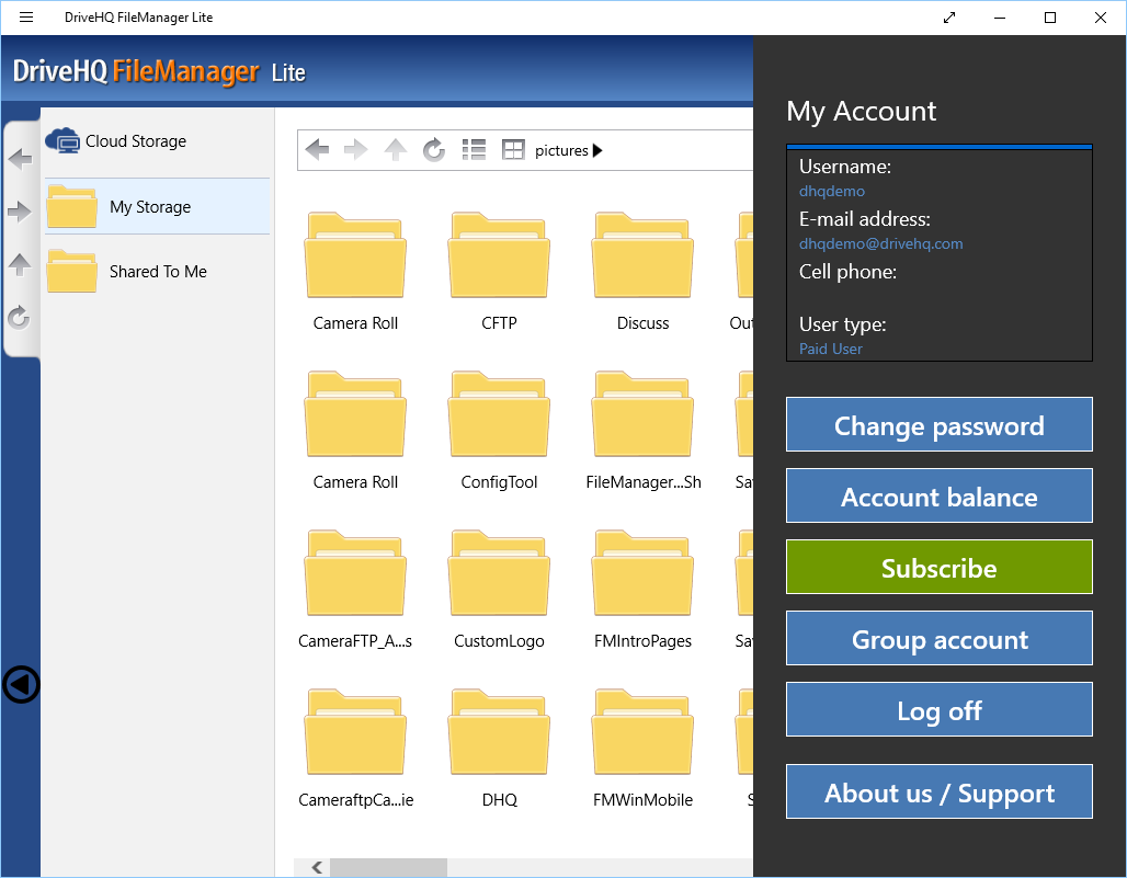 DriveHQ FileManager Lite for Windows tablets - Account profile and subscription info