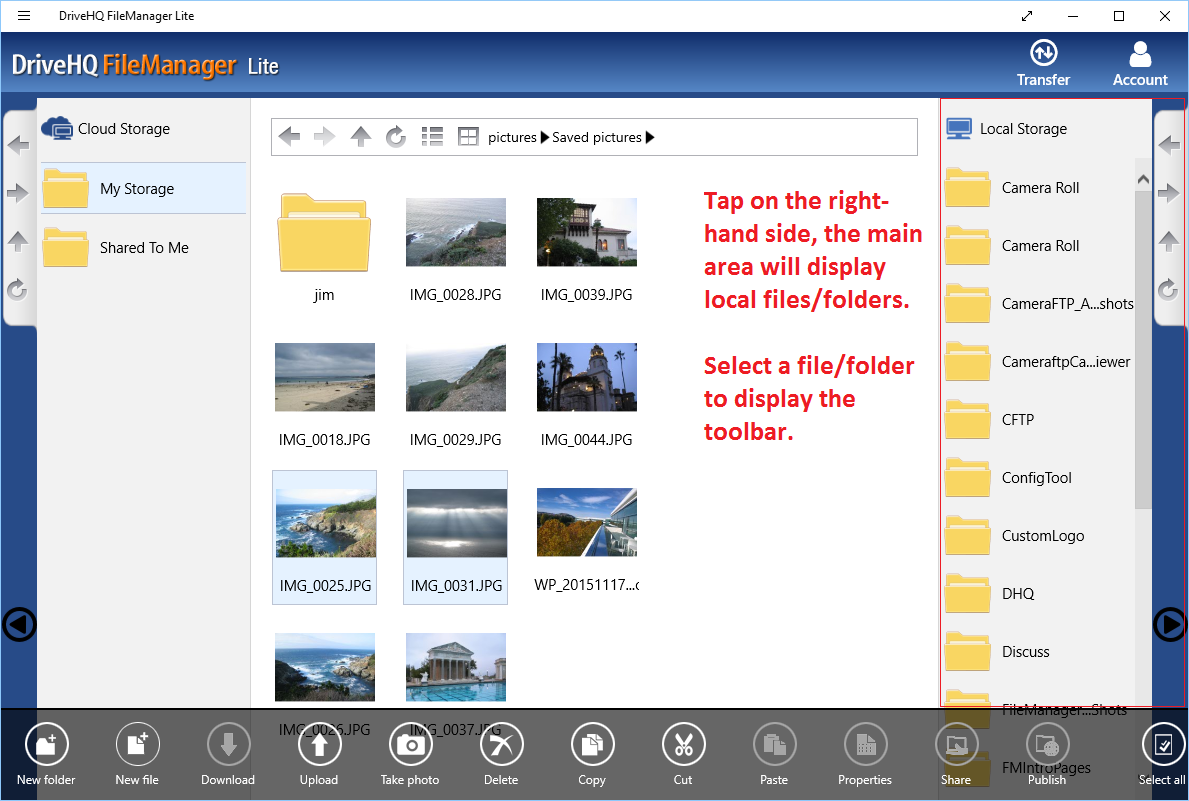DriveHQ FileManager Lite for Windows tablets -Select local file(s) and display the toolbar