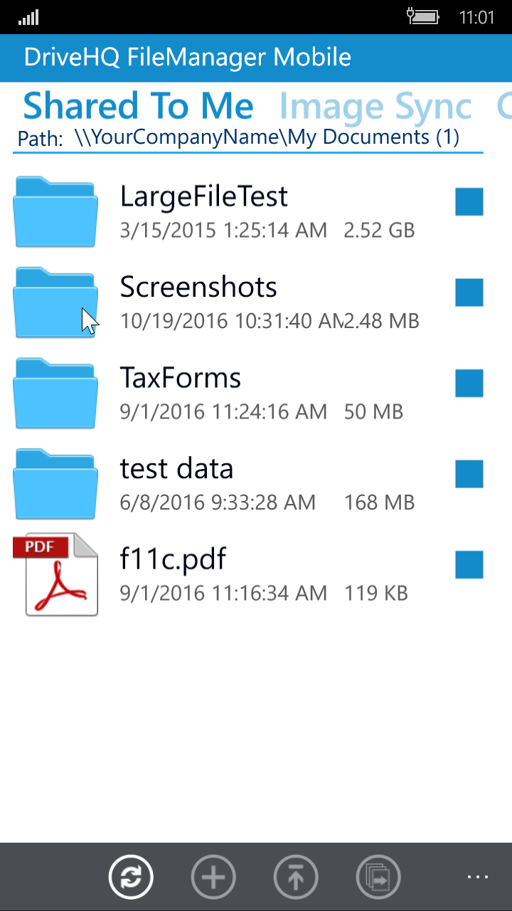 DriveHQ FileManager for Windows Mobile Phone screenshot: shared folders with granular access control.