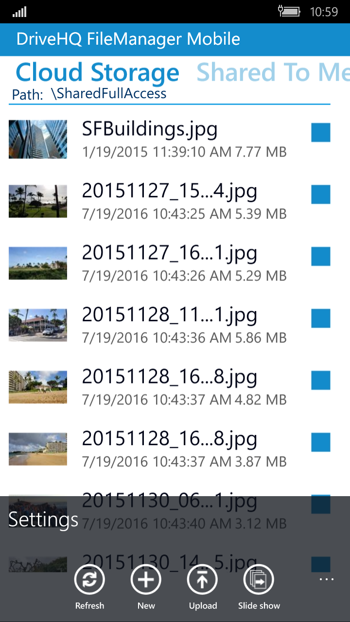 DriveHQ FileManager for Windows Mobile Phone screenshot: Upload files, new files/folders, photo slide show, settings.