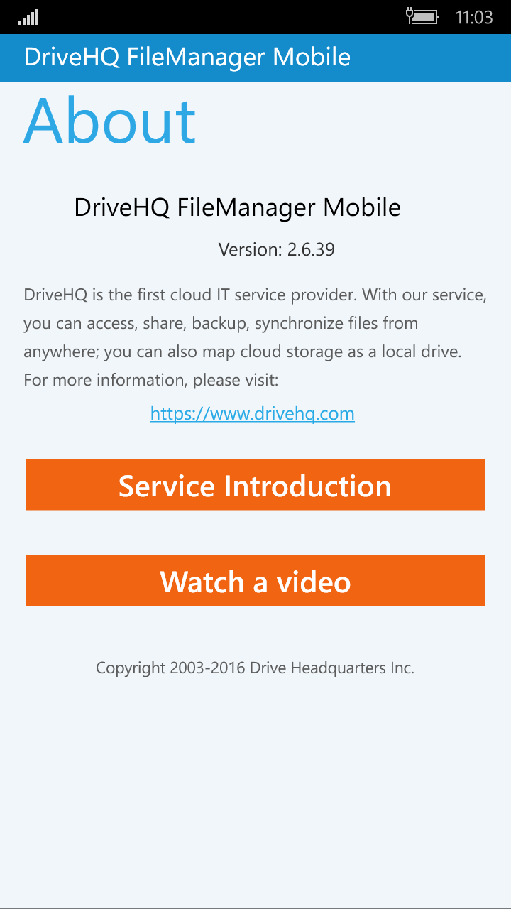 DriveHQ FileManager for Windows Mobile Phone screenshot: About DriveHQ service, app version, service introduction video