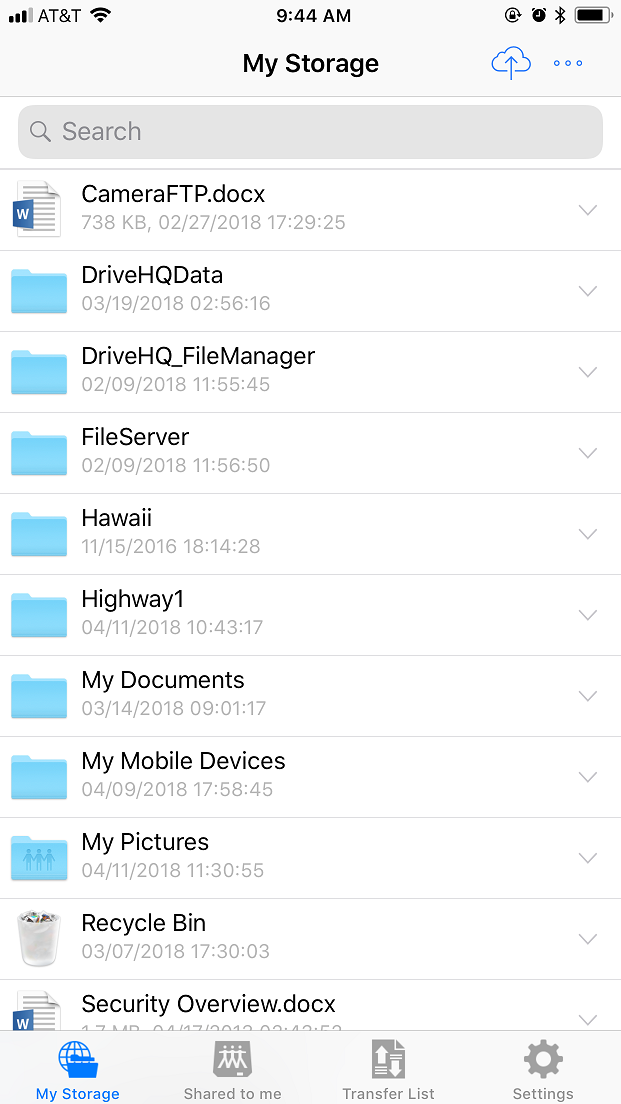 DriveHQ FileManager for iPhone screenshot -  main screen displaying DriveHQ cloud storage