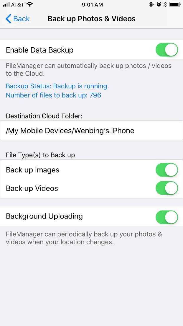 DriveHQ FileManager for iPhone screenshot - Backup photo / video settings.
