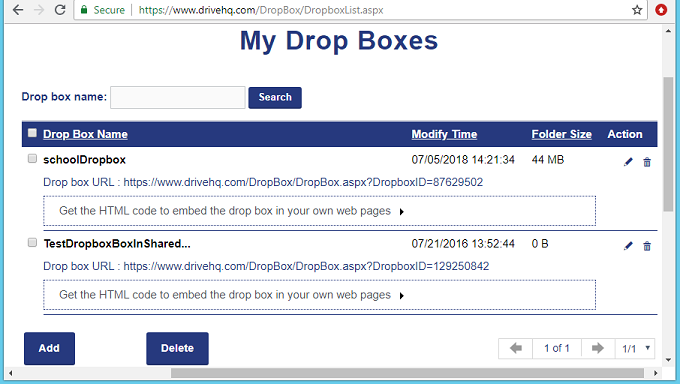 My Drop Box List / Manage My Drop Box Folders