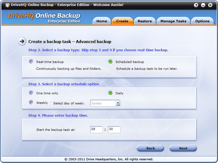 DriveHQ Online Backup screenshot - scheduled backup with advanced options