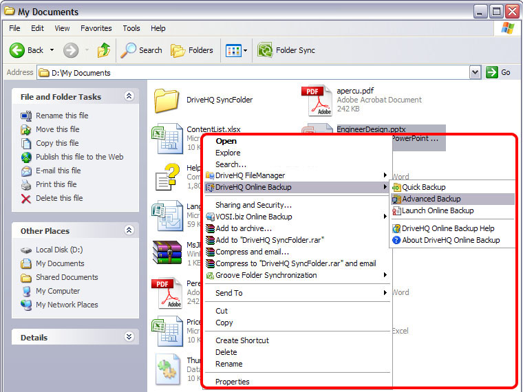 DriveHQ Online Backup screenshot - Windows Explorer Integration